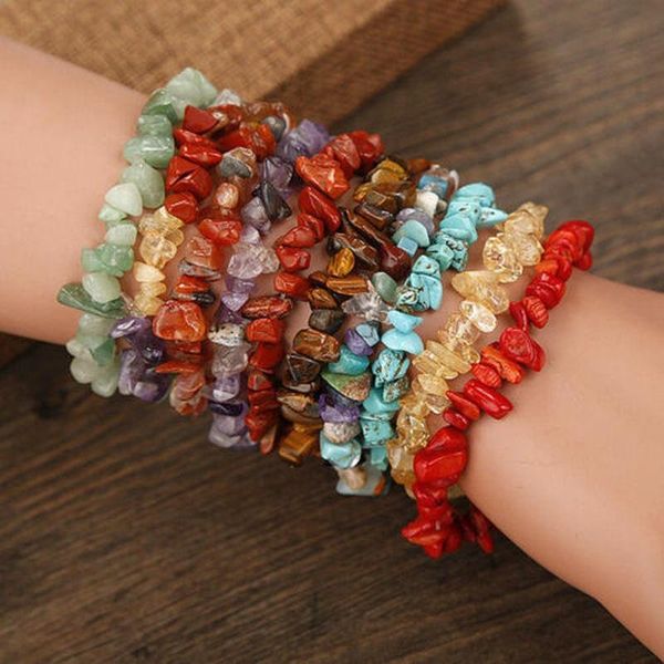 beaded, strands natural crystal chakras bracelet gemstone chips jewelry purple opal carnelian fluorite quartz lapis stretch, Black